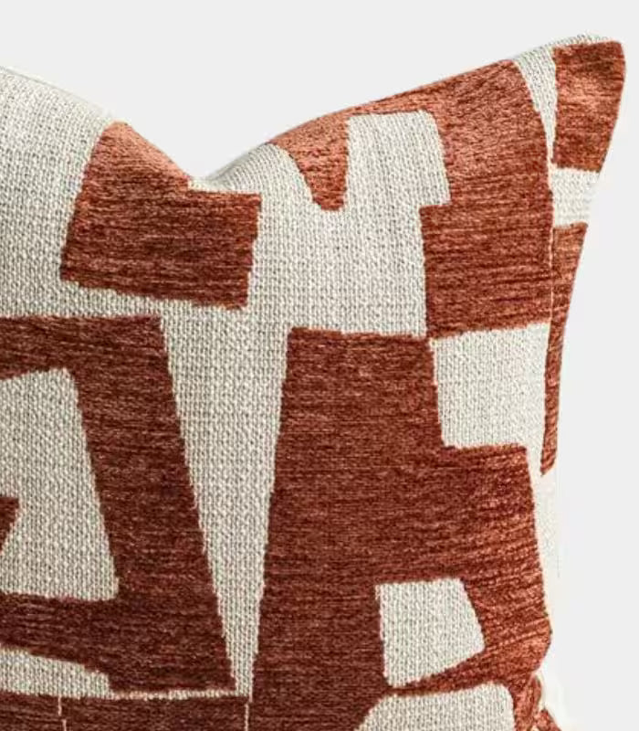 1038 Abstract Geometric Jacquard Cushion Cover — Terracotta & Woven Textile