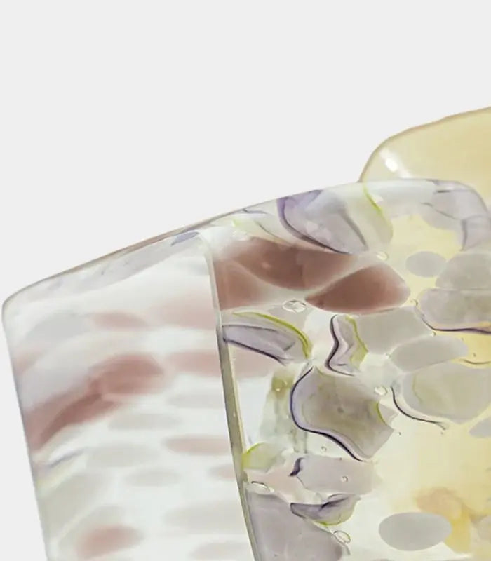 1233 Camellia Handcrafted Glass Vase – Golden Yellow & Lavender Speckled Cube-Form Vessel
