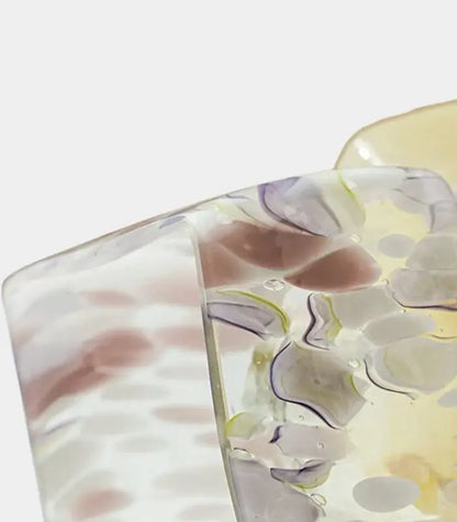1233 Camellia Handcrafted Glass Vase – Golden Yellow & Lavender Speckled Cube-Form Vessel