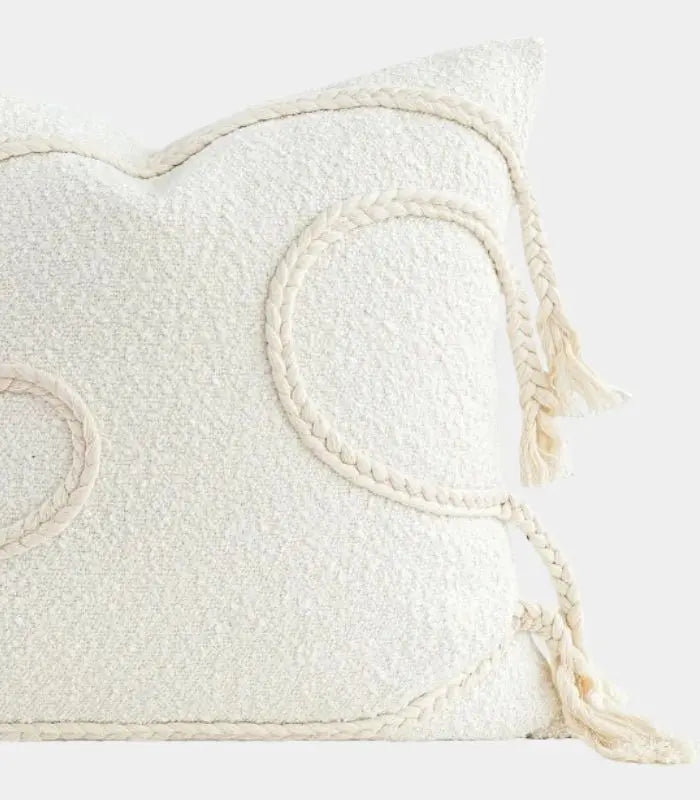 1012 Amaya Woven Boucle Cushion Cover – Ivory with Braided Tassel Detail, 45x45cm (18 in)