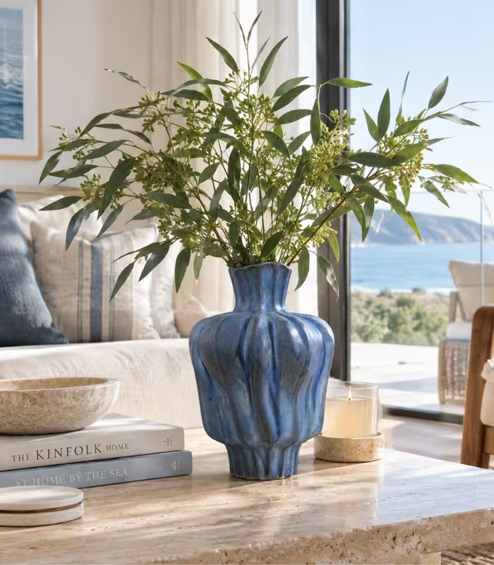 1212 Pauline Ceramic Vase – Sculptural Fluted Design 30 cm Blue
