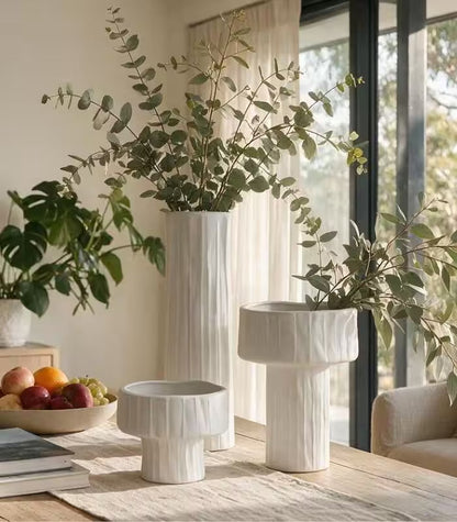 1226 Sylvan Medium Ceramic Vase – White Textured Pedestal Vessel 23 cm / 9.1 in