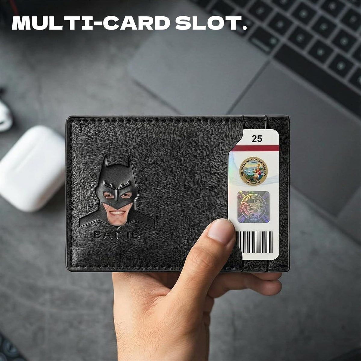 Leather Bat Wallet for Men and Women, Superhero-Inspired Card Holder with Multiple Card Slots, Eye Cutout Design, Personalized ID Wallet