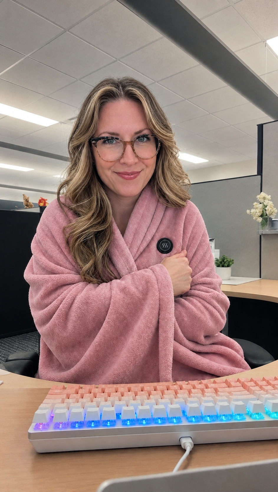 Frau mit der rosa Wärmolo Heizdecke am Schreibtisch im Büro
