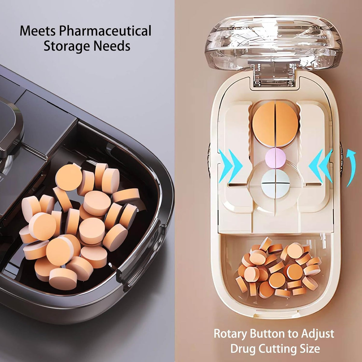 Pill Cutter Tablet Splitter, Press Style Pill Cutter with Pill Storage, Adjustable Tablet Cutter for Splitting Pills, Portable Medicine Cutter for Pets, Travel and Home Use