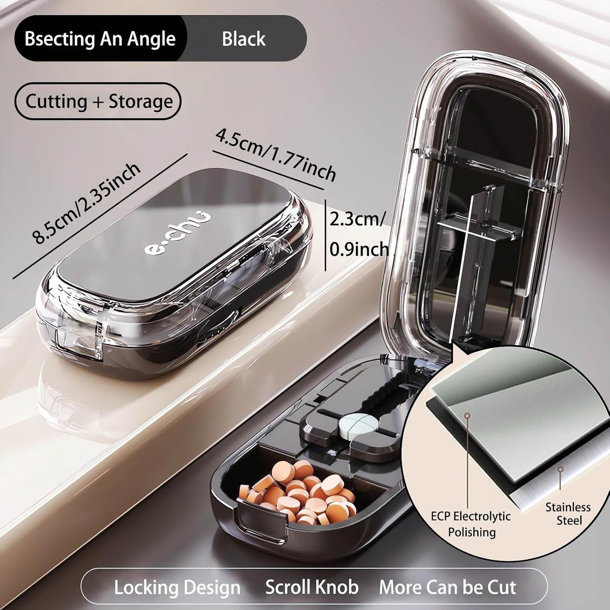 Pill Cutter Tablet Splitter, Press Style Pill Cutter with Pill Storage, Adjustable Tablet Cutter for Splitting Pills, Portable Medicine Cutter for Pets, Travel and Home Use