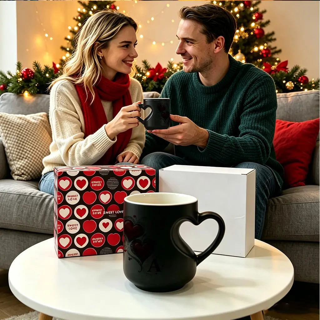 Personalized Heat-Changing Ceramic Mug, 11 oz Color-Changing Coffee Cup with A-Z Initial Letter & Heart-Shaped Handle, Custom Gift
