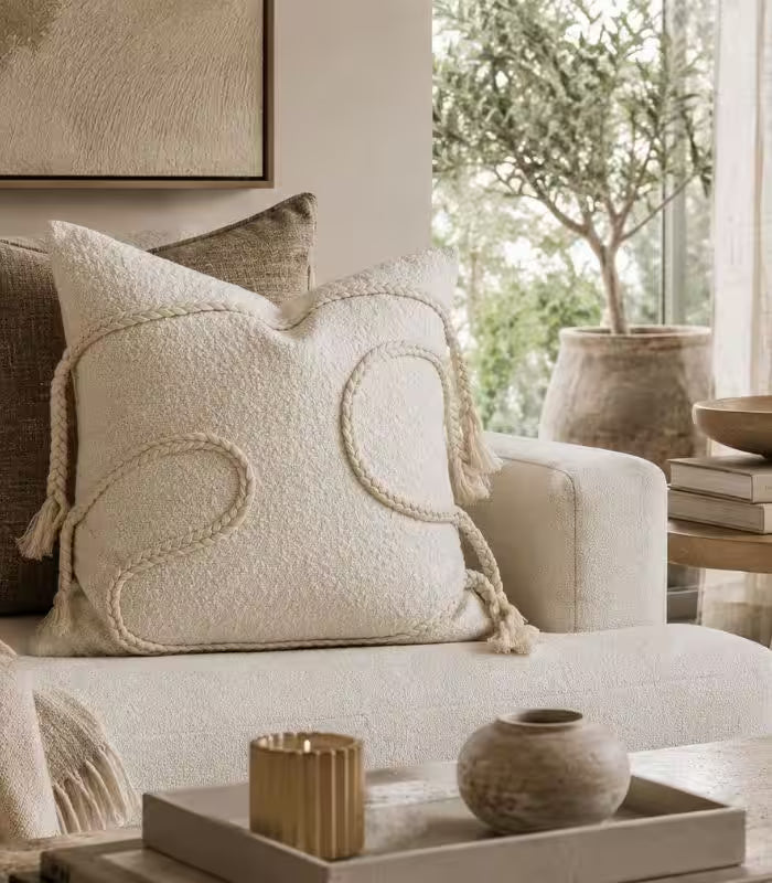 1012 Amaya Woven Boucle Cushion Cover – Ivory with Braided Tassel Detail, 45x45cm (18 in)