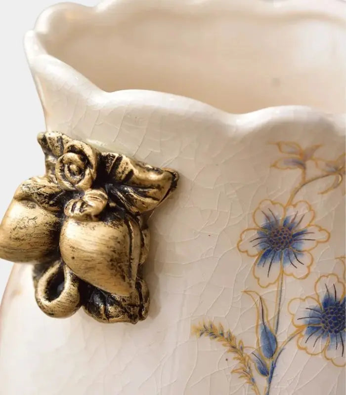 1222 Ophira Crackle-Glaze Porcelain Vase – Hand-Painted Peacock, Gilded Resin Base & Handles 21cm