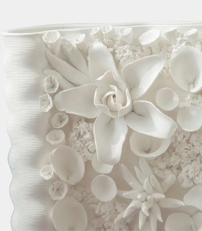 1215 Floral Relief Ceramic Vase – Handcrafted Botanical Sculpture White