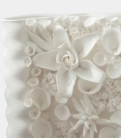 1215 Floral Relief Ceramic Vase – Handcrafted Botanical Sculpture White