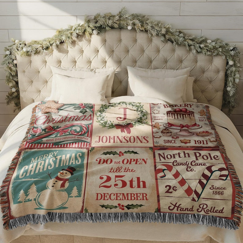 Customized Christmas Family Blanket Christmas Keepsake Family Last Name Woven Blanket for Christmas Gift Customized Old Fashioned Xmas Gift