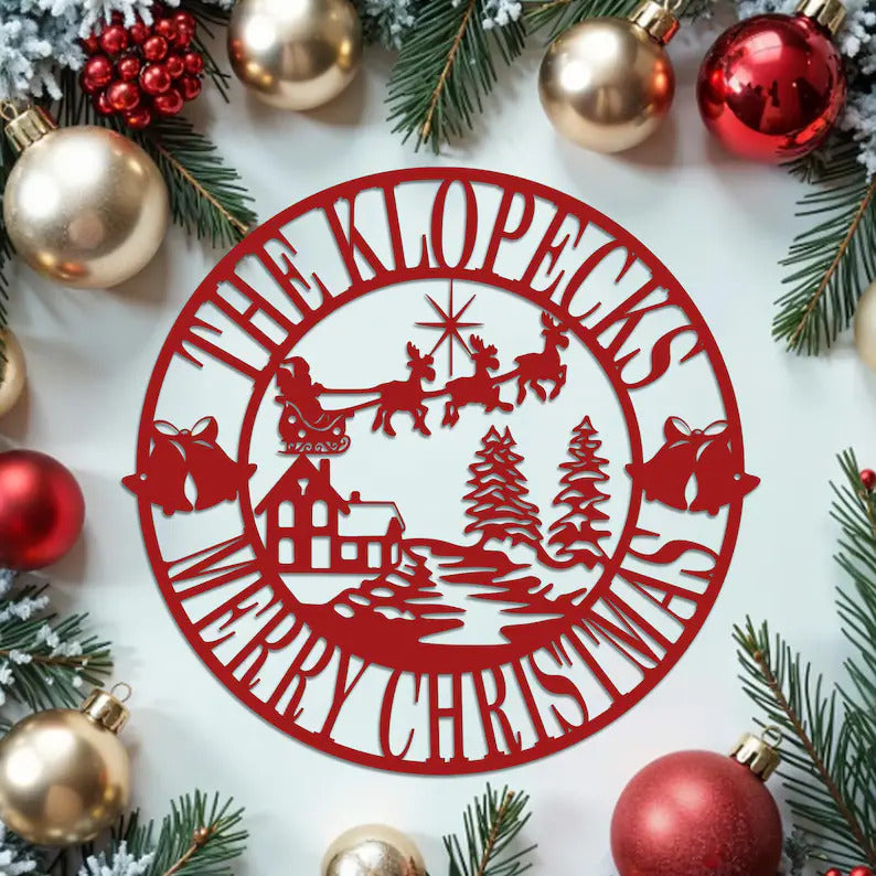 Holidays Christmas Santa in the Sky Circle Personalized Metal Signs