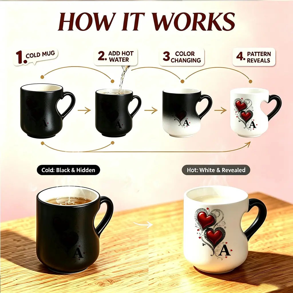 Personalized Heat-Changing Ceramic Mug, 11 oz Color-Changing Coffee Cup with A-Z Initial Letter & Heart-Shaped Handle, Custom Gift