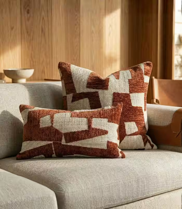 1038 Abstract Geometric Jacquard Cushion Cover — Terracotta & Woven Textile