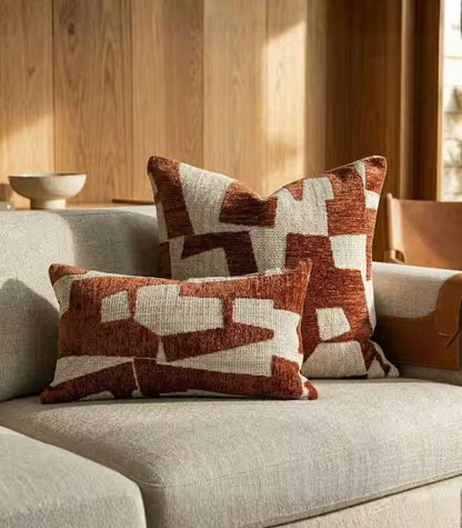 1038 Abstract Geometric Jacquard Cushion Cover — Terracotta & Woven Textile