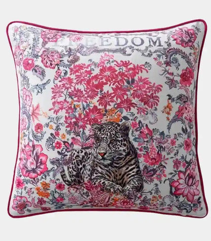 1052 Botanical Wilderness Velvet Cushion Cover – Floral and Leopard Design with Piping Trim