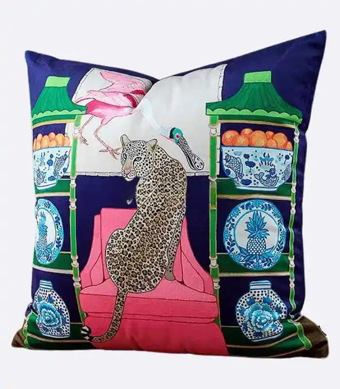 1021 Leopard on Pink Velvet Decorative Pillow Cover - Artistic Animal Print Accent Cushion