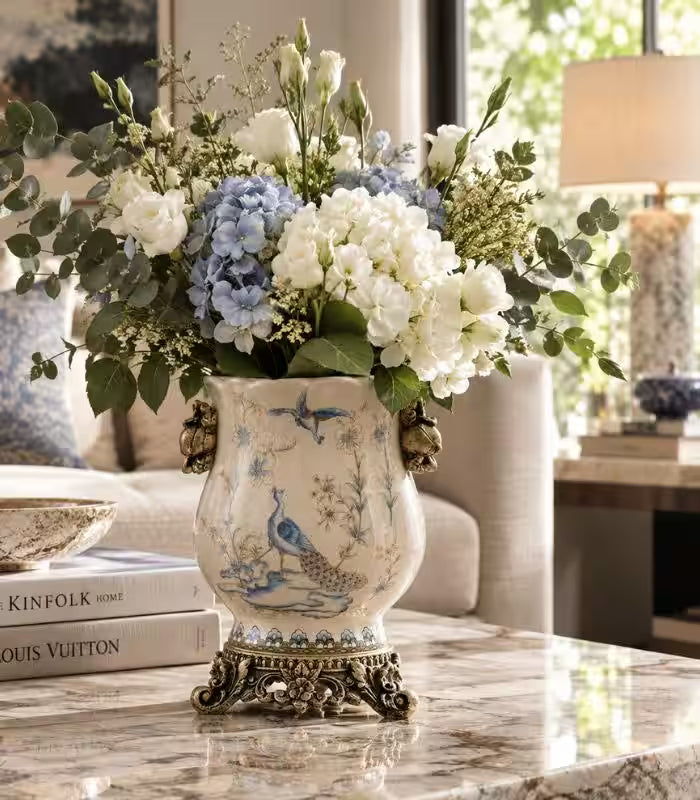1222 Ophira Crackle-Glaze Porcelain Vase – Hand-Painted Peacock, Gilded Resin Base & Handles 21cm