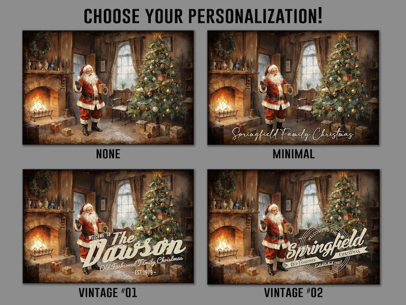 Family Name Christmas Signs - Vintage Santa: Personalized on Metal or Canvas