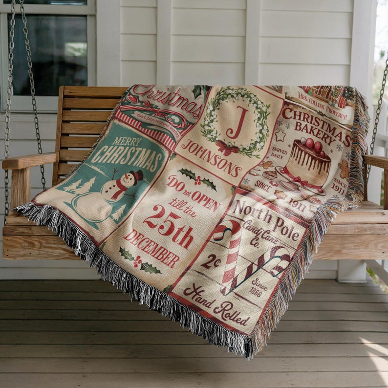 Customized Christmas Family Blanket Christmas Keepsake Family Last Name Woven Blanket for Christmas Gift Customized Old Fashioned Xmas Gift