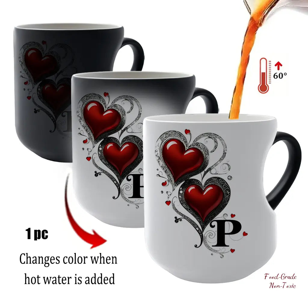 Personalized Heat-Changing Ceramic Mug, 11 oz Color-Changing Coffee Cup with A-Z Initial Letter & Heart-Shaped Handle, Custom Gift