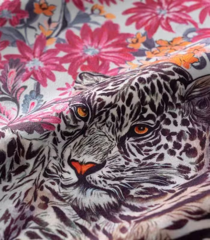 1052 Botanical Wilderness Velvet Cushion Cover – Floral and Leopard Design with Piping Trim