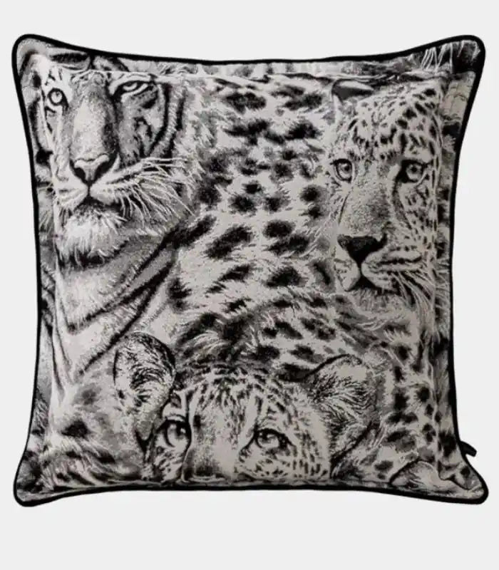 1002 Savanna Wild Cat Cushion Cover – Monochrome Jacquard Wildlife Pillow Case
