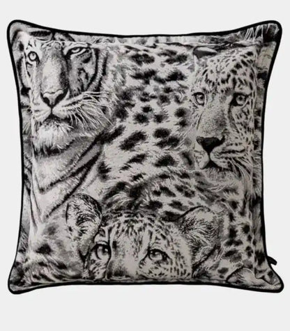 1002 Savanna Wild Cat Cushion Cover – Monochrome Jacquard Wildlife Pillow Case