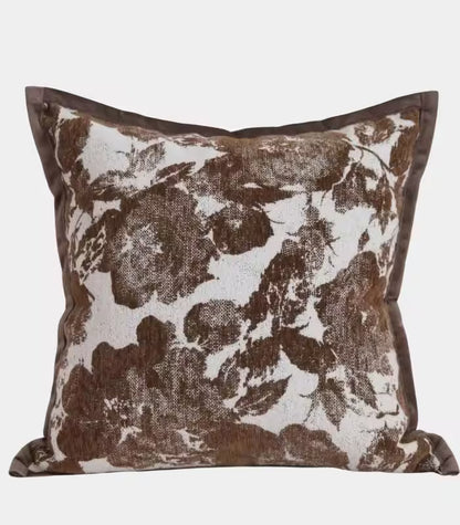 1075 Jacquard Floral Cushion Cover – Rich Brown and Cream Botanical Design Decorative Pillow Case