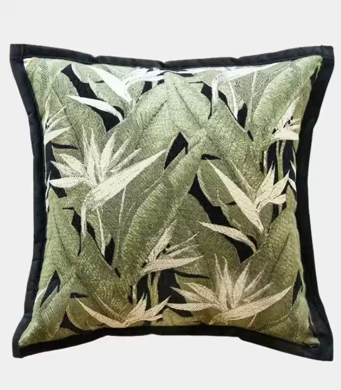 1009 Tropical Leaf Jacquard Cushion Cover – Sage Green with Black Border