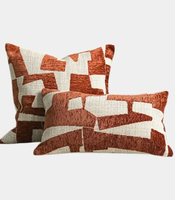 1038 Abstract Geometric Jacquard Cushion Cover — Terracotta & Woven Textile