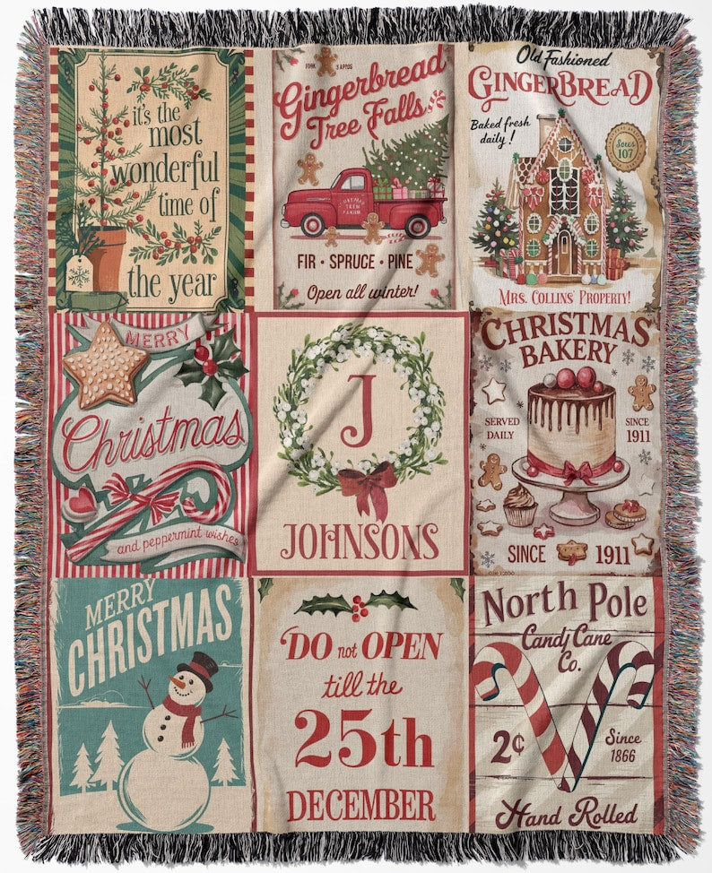 Customized Christmas Family Blanket Christmas Keepsake Family Last Name Woven Blanket for Christmas Gift Customized Old Fashioned Xmas Gift