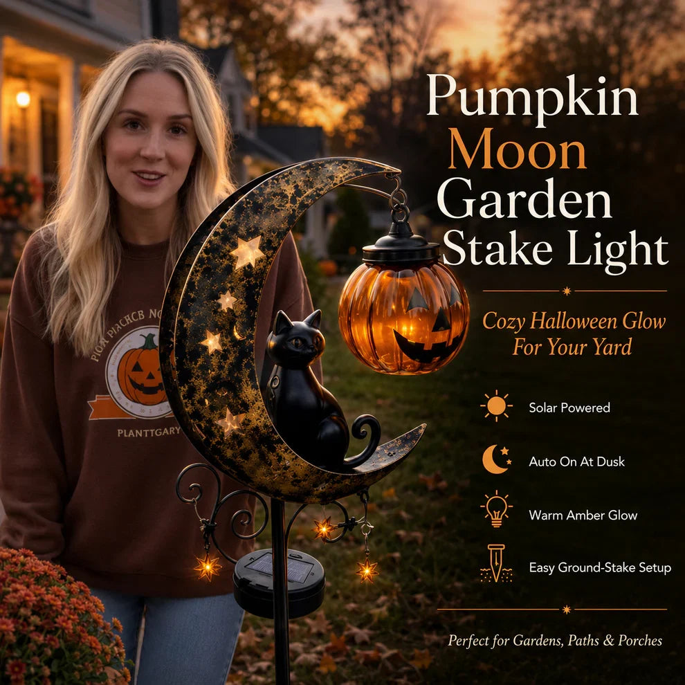 Halloween pumpkin moon garden stake light full view