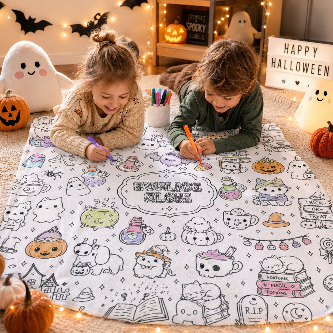Halloween spooky doodle coloring blanket with line art designs