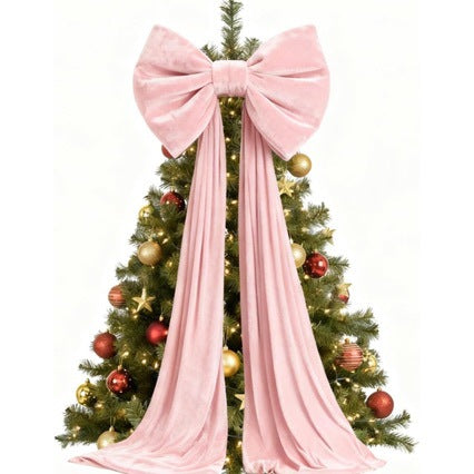 Oversized Velvet Bow Tree Topper with Long Tails - Pink