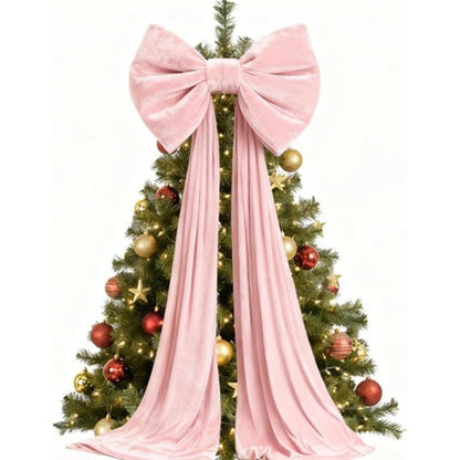 Oversized Velvet Bow Tree Topper with Long Tails - Pink