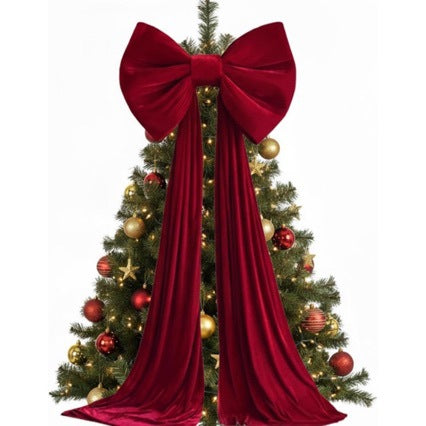 Oversized Velvet Bow Tree Topper with Long Tails - Red
