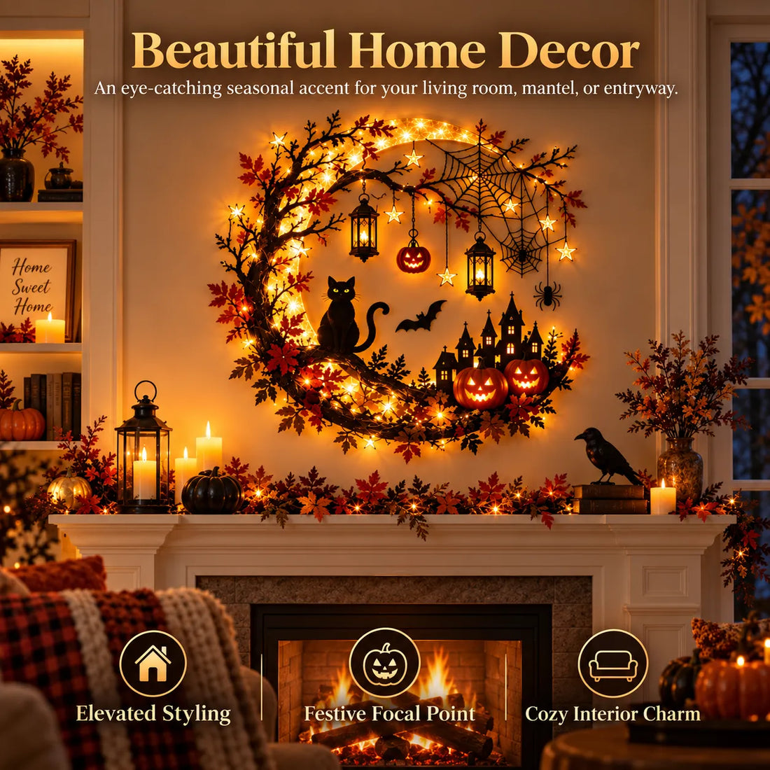 Halloween crescent moon wall light with black cat and pumpkins display
