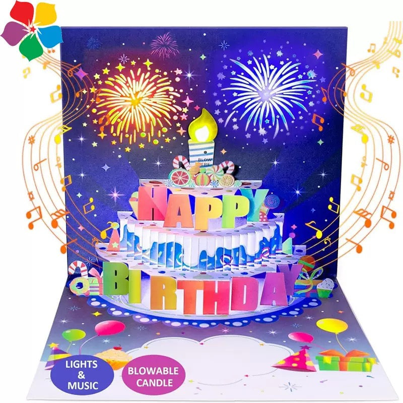 Interactive Birthday Pop-Up Card with 3D Cake, Fireworks, Lights & Music, Blow-Out LED Candle, DIY Age Numbers, Black and Gold Birthday Card for Men & Women