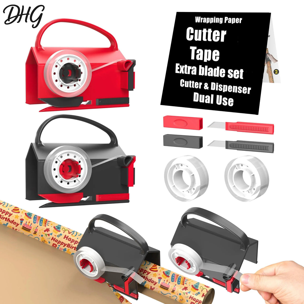 Dual-Use Wrapping Paper Cutter & Tape Dispenser Kit - Red