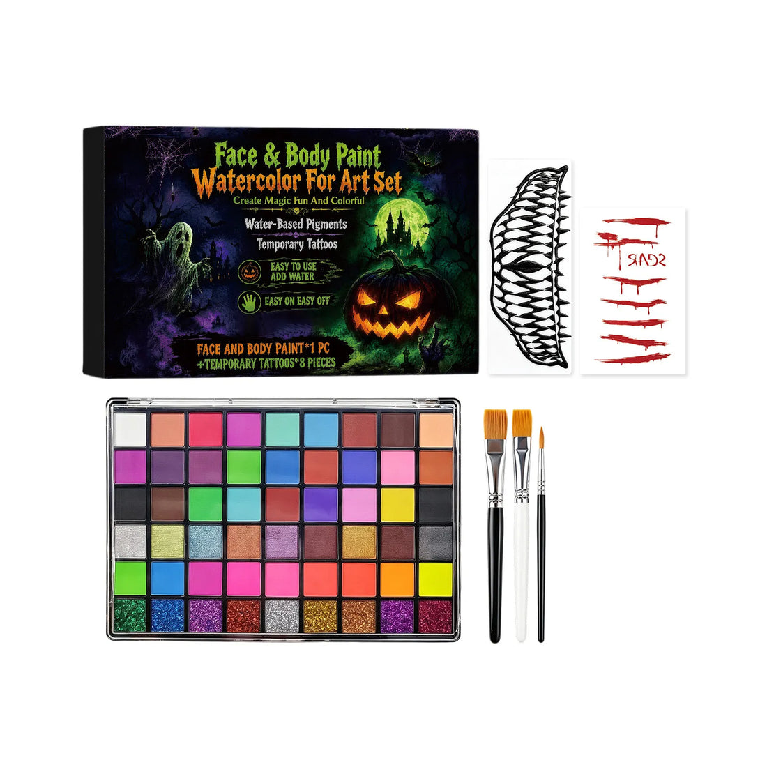 Adult Halloween face-paint palette in use