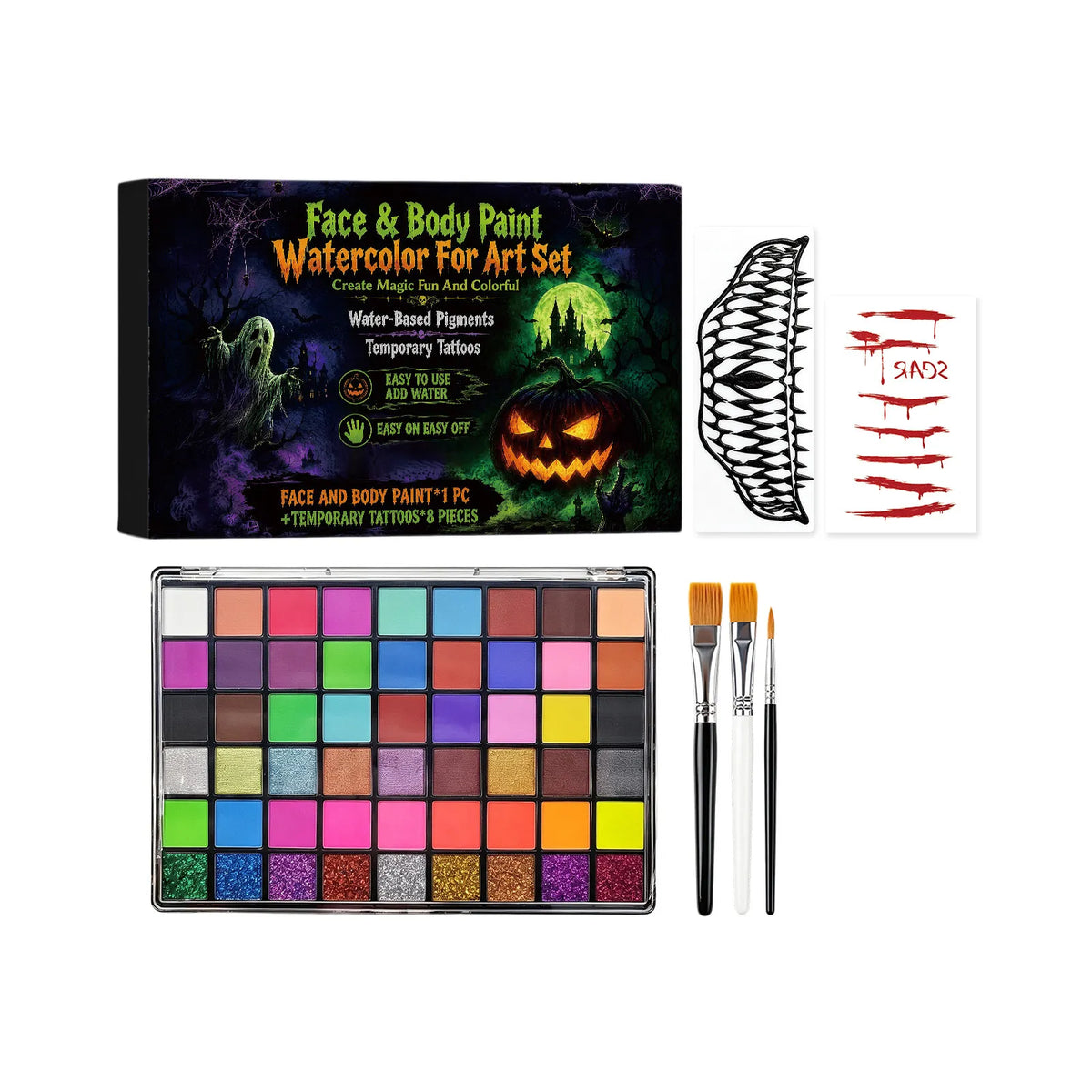 🎃Halloween Face & Body Paint Set ✨Adult DIY Makeup Kit with Brushes & Temporary Tattoo Stickers - Adult Facial Painting Set