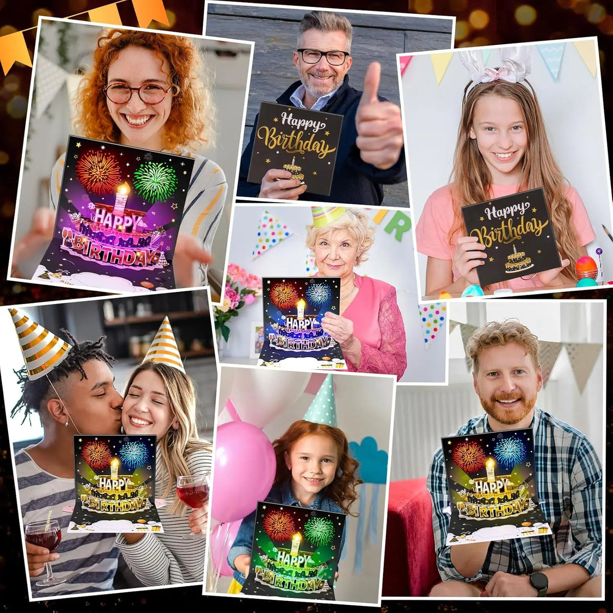 Interactive Birthday Pop-Up Card with 3D Cake, Fireworks, Lights & Music, Blow-Out LED Candle, DIY Age Numbers, Black and Gold Birthday Card for Men & Women