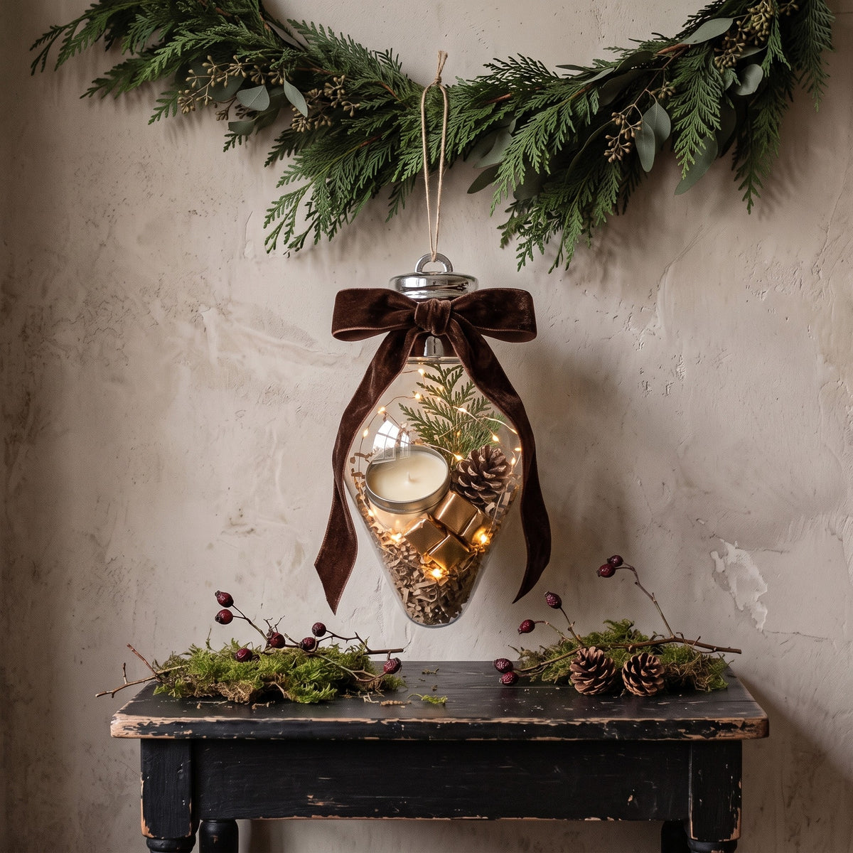 Large fillable Christmas ornament, water droplet shape, hanging under a garland