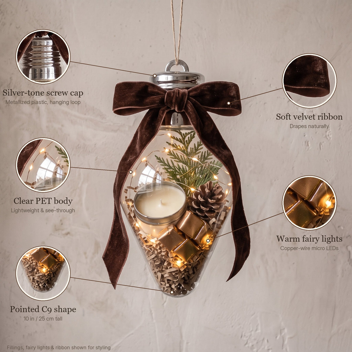 Fillable ornament details: screw cap, clear body, C9 shape
