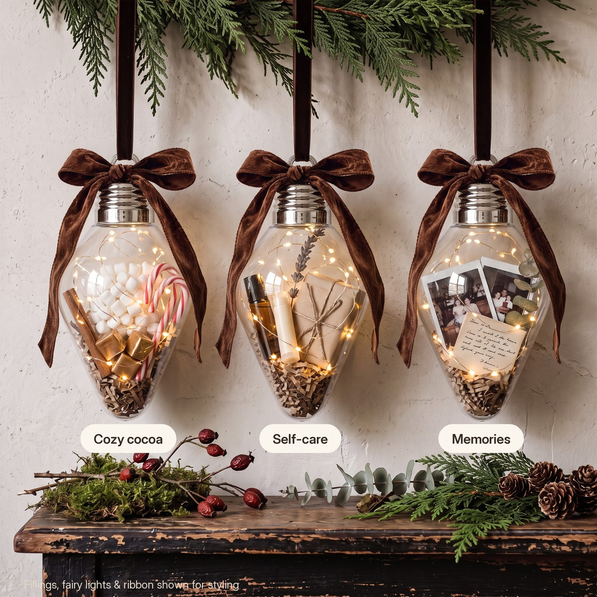 Fillable ornament gift ideas: cozy cocoa, self-care, memories