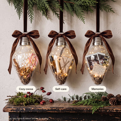 Fillable ornament gift ideas: cozy cocoa, self-care, memories