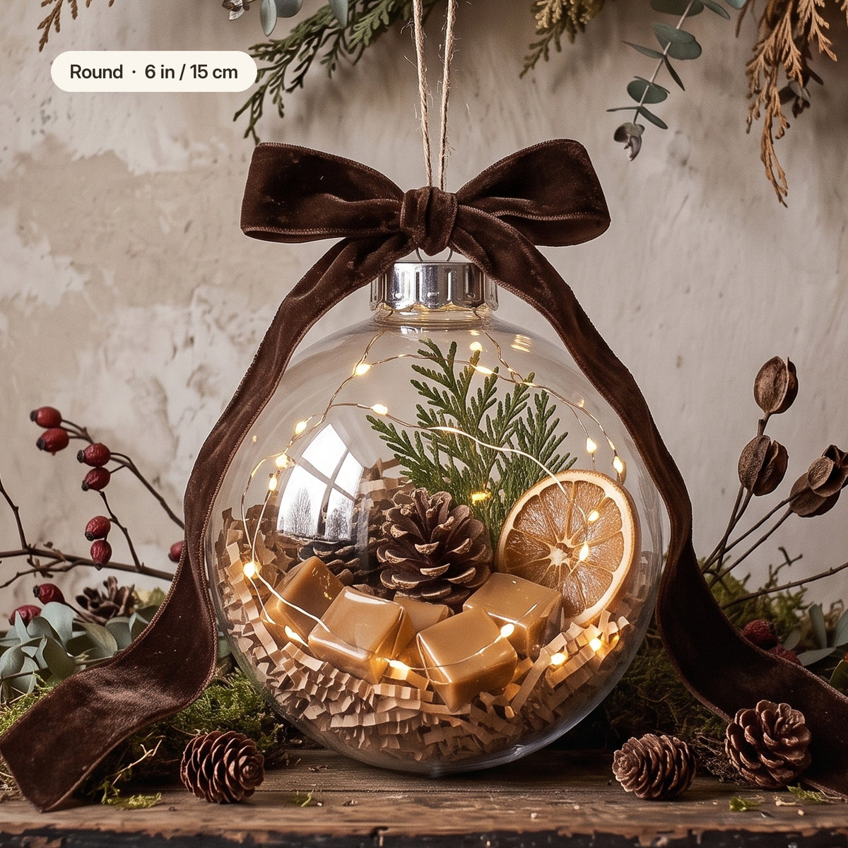 Round fillable Christmas ornament, 6 in / 15 cm