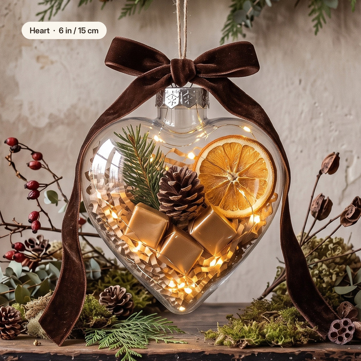 Heart fillable Christmas ornament, 6 in / 15 cm